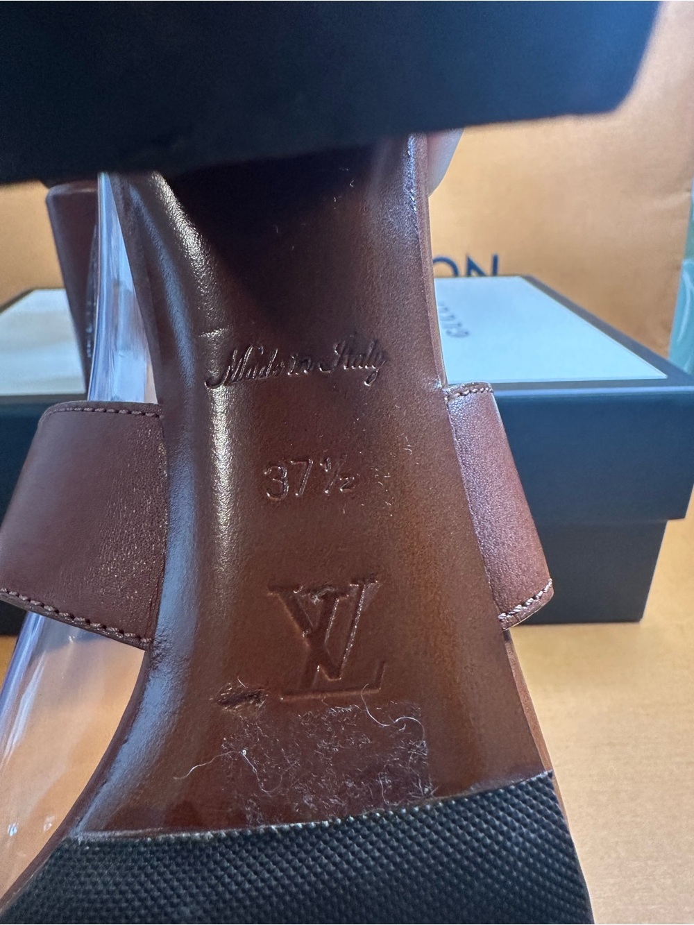 Louis Vuitton Brown and Gold Clear Ankle-Strap Block Heels - Picture 5 of 8
